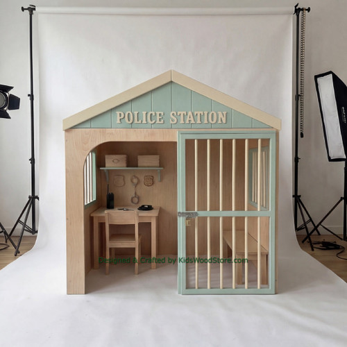 Police Station Wooden Playhouse w/Gable Roof & Furniture - Indoor or Outdoor