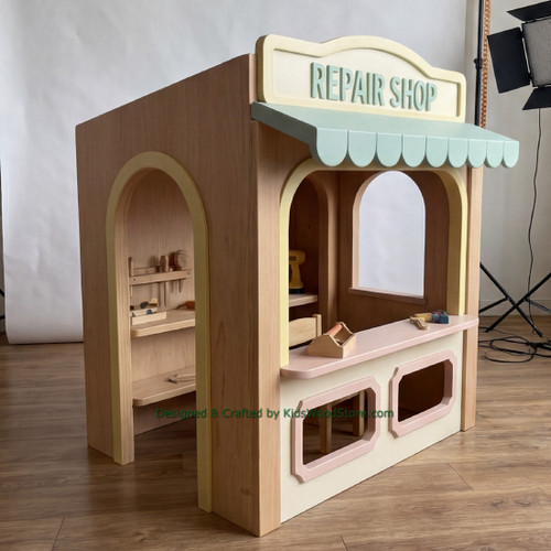 Repair Shop Wooden Playhouse w/Furnishings - Indoor or Outdoor