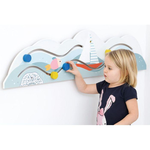 Moje Bambino Wave Wall Activity Sensory Panel, a colorful children's sensory activity wall with fish, boat, and wave designs for interactive play.