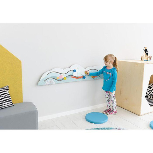 Moje Bambino Wave Wall Activity Sensory Panel, children engaging with a wave-shaped sensory wall panel in a modern playroom.