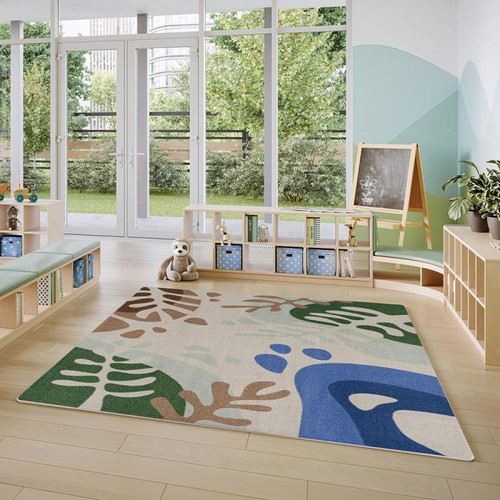 Playscapes Nature Forms™ Rectangular Designer Classroom Carpet, colorful nature-themed area rug with leaves and river design for children
