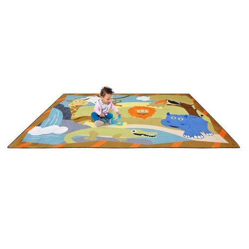 Playscapes Jungle Babies™ Rectangular Designer Classroom Carpet, colorful animal-themed rug with jungle animals and a young child playing on it.