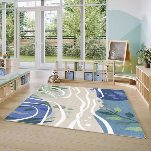 Playscapes Still Waters™ Designer Classroom Carpet, modern classroom with natural light and a large window, colorful water-themed design with abstract water and leaf patterns, in a bright and inviting educational space.