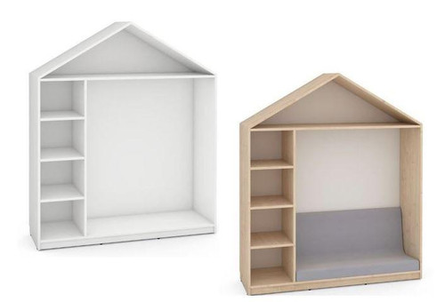 Moje Bambino Feria Cottage with Bookcase, children's house-shaped furniture in white and natural wood finishes.