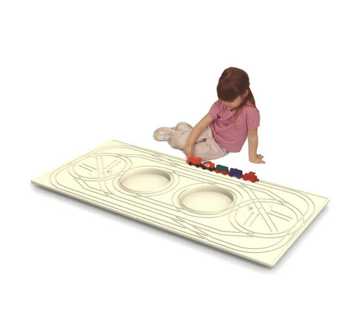 Childbrite Express Train & Activity Table with Wabash Freight Train - Toddler, a young girl playing with a toy train on a large interactive table with train tracks and colorful train cars.