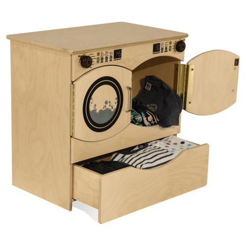 Wood Designs Side By Side Deluxe Washer Dryer Combo, compact wooden washer and dryer unit with front-loading door and drawers for storage.