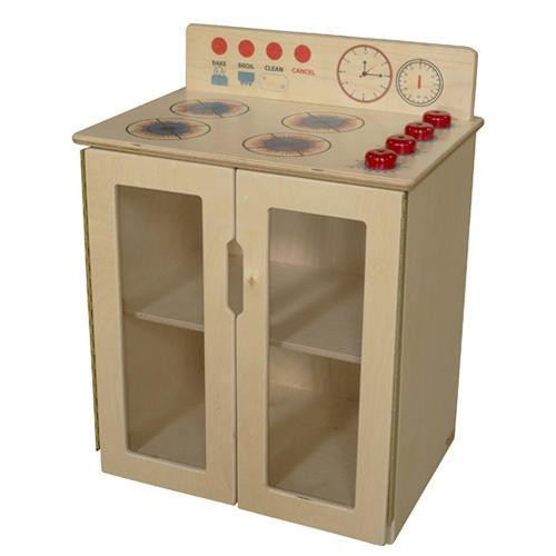 Wood Designs My Cottage Stove, a wooden play kitchen stove with a beige finish, four burners with painted flames, red control knobs, and a countertop with printed dials and controls.