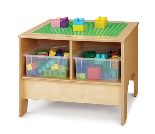 Jonti-Craft KYDZ Building Table - Preschool Brick Compatible, wooden children's table with storage compartments filled with colorful building blocks.