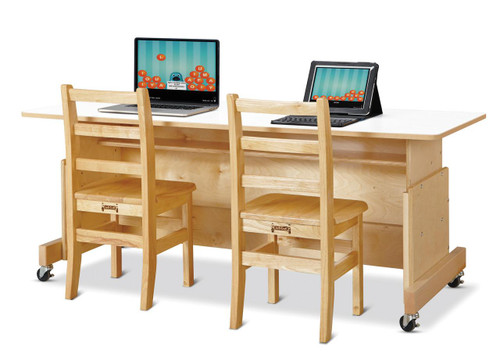 Jonti-Craft Apollo Double Computer Desk, White Top, showing a sturdy wooden table with two computers, chairs, and mobile casters for easy mobility.