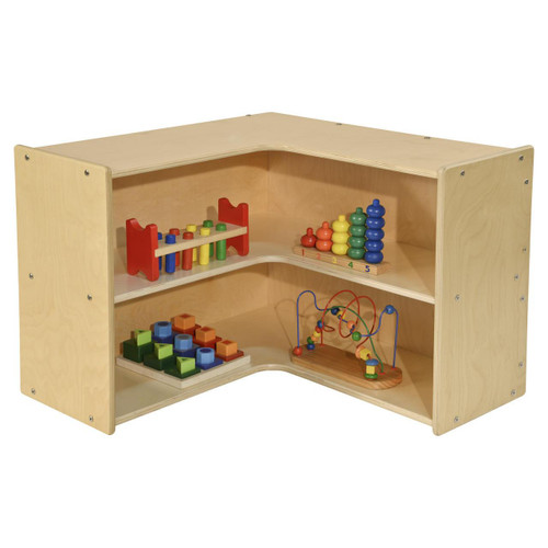 Wood Designs Contender Small Corner Storage Unit, RTA, a light-colored wooden corner storage unit with multiple shelves holding colorful educational toys and games.