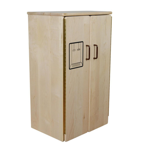 Wood Designs Maple Heritage Play Refrigerator, children wooden toy refrigerator with double doors and hand-painted window and handle details.