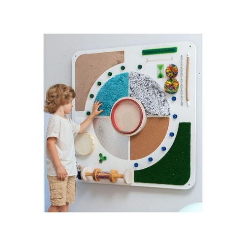 Moje Bambino Sound Sensory Exploration Panel, interactive sensory learning board with various textures, colors, and sound features for children.