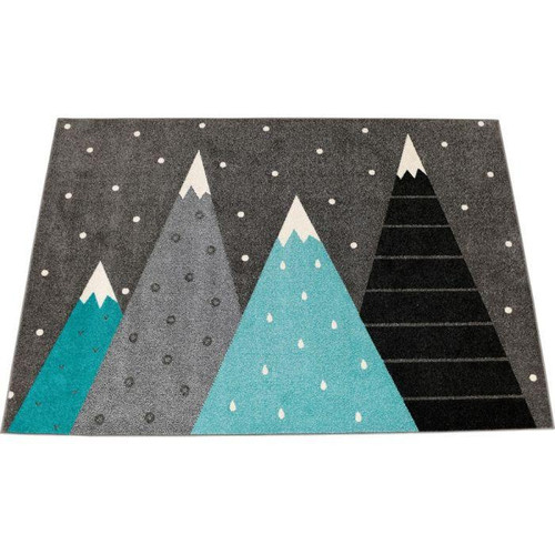 Moje Bambino Summit Mountain Carpet, a children's rug featuring a mountain landscape with snow-capped peaks and snowflakes on a dark background.