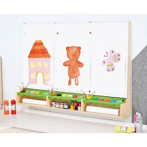 Moje Bambino Children's Art Creation Board with Storage Shelf, kids' whiteboard with colorful drawings and organized art supplies underneath.