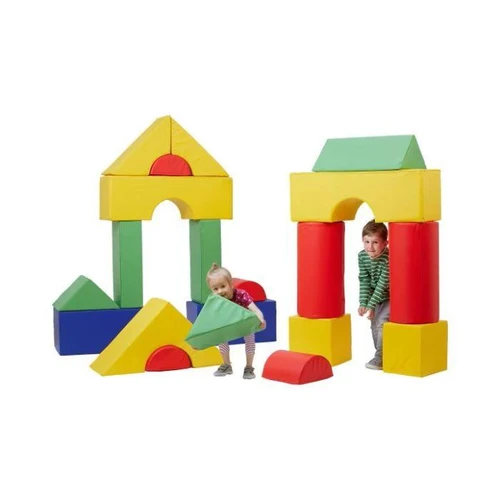 HABA Pro Large Toddler Building Block 21-Piece, colorful large foam blocks arranged in different structures with children playing.