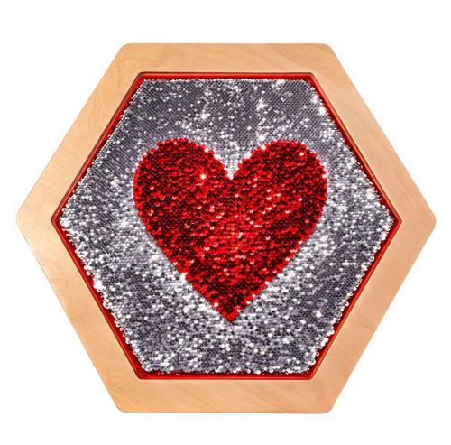 LiteZilla Multi-Sensory Hexagon Panel - Red to Silver Sequin Flip Classic, decorative sensory panel with red heart design and silver sequins in a hexagon shape with a wooden frame.