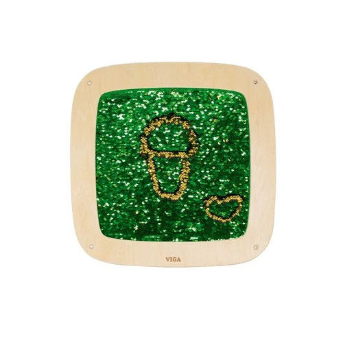 Moje Bambino Sequin Art Sensory Wall Panel, square wooden wall panel with reversible green sequins forming a yellow ice cream cone and heart design.