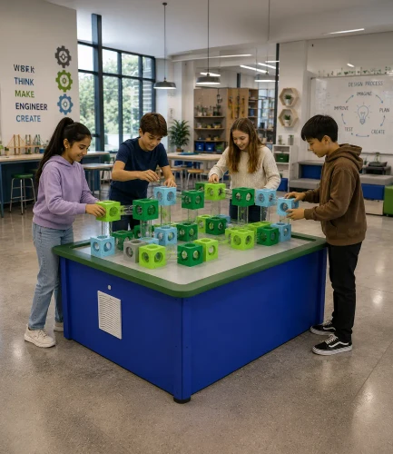 LiteZilla AeroCube Constructor Table - Blue, students collaborate on building with colorful construction blocks around a sturdy blue STEM activity table in a classroom