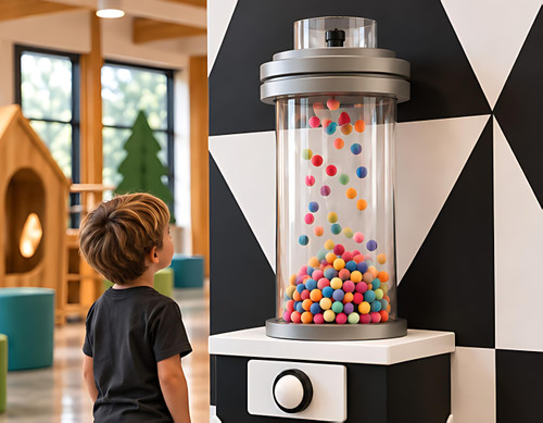 LiteZilla PomPom Cyclone Sensory Wall Exhibit, child watching colorful pom-poms swirl inside a clear cylindrical sensory display mounted on a black-and-white wall