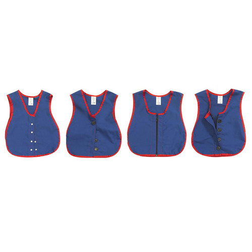 Children's Factory Manual Dexterity Learning Vests - Set of 4, blue vests with red trim and various closure styles, including buttons and zippers.