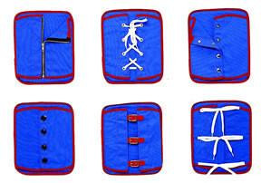 Children's Factory Manual Dexterity Learning Boards - Set of 6, set of six blue educational boards with various manipulative activities for children's fine motor skills development.