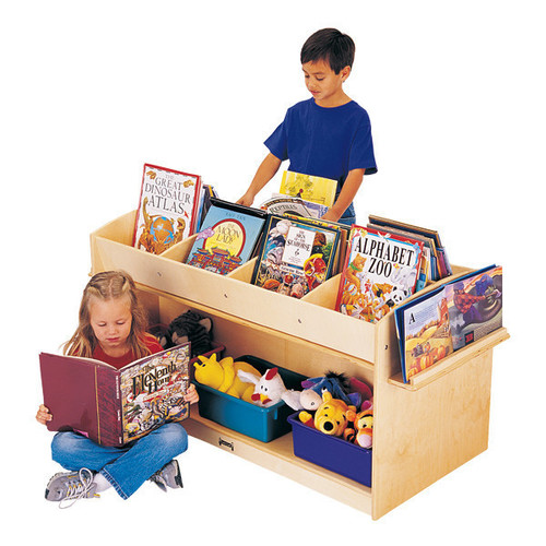 Jonti-Craft Children's Book Browser, wooden book display with colorful books and stuffed toys, kids browsing and reading books in a classroom setting.