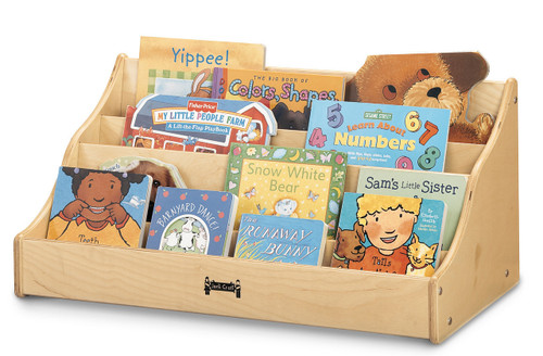 Jonti-Craft Tiny Tots Pick A Book Stand, wooden book organizer filled with children's books.