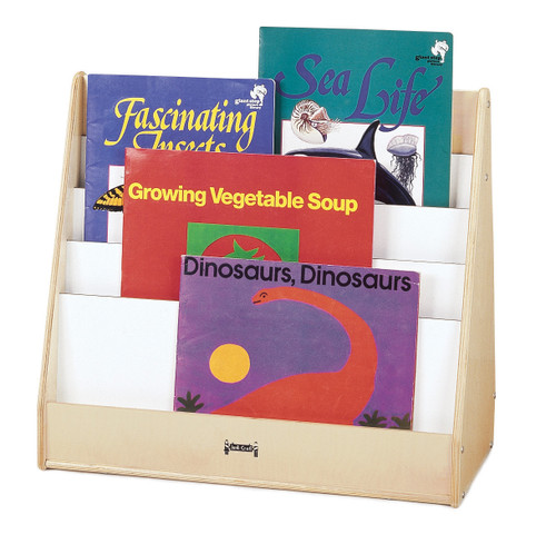 Jonti-Craft Multi Pick-A-Book Stand, wooden book display rack holding children's books in different colors and titles.