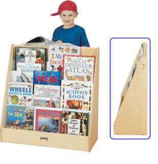 Jonti-Craft 1 Sided Pick a Book Stand Flush Back, wooden book storage unit with multiple compartments for organizing children's books, shown with a child standing behind it filled with various books.