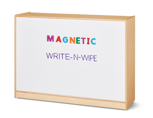 Jonti-Craft Mega Mobile Single Storage Unit on Casters, versatile wooden storage cart with whiteboard surface and colorful magnetic letters and writing on it.