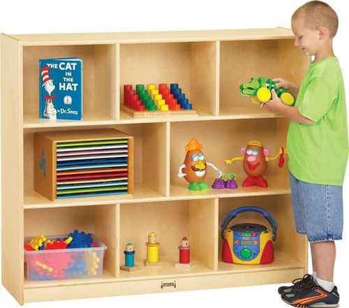 Jonti-Craft Mega Mobile Single Storage Unit on Casters, kids' wooden toy storage unit with multiple compartments filled with toys, books, and games, featuring a child playing nearby.