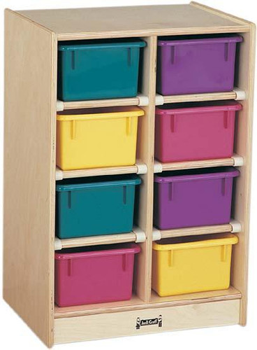 Jonti-Craft 8 Tray Mobile Storage with Trays, wooden storage unit with eight colorful plastic bins arranged in two columns.