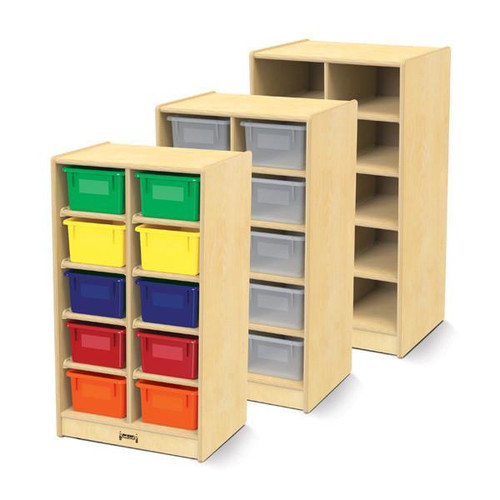 Jonti-Craft 10 Cubbie-Tray Mobile Unit with or without Tubs, wooden storage cabinet with colorful plastic tubs in green, yellow, blue, red, and orange for organization and easy access.