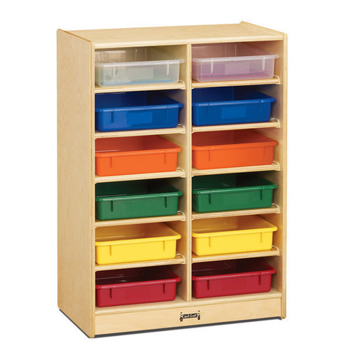 Jonti-Craft 12 Paper Tray Mobile Storage with or without Trays, wooden storage cabinet with multiple colorful plastic trays for organizing paper and supplies.
