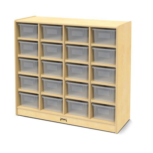 Jonti-Craft 20 Cubbie-Tray Mobile Unit with Tubs, wooden storage unit with multiple cubbies fitted with gray Tubs for organization and storage.
