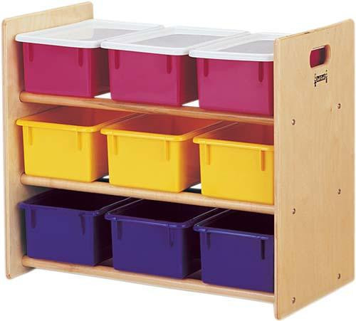 Jonti-Craft Tote Storage Rack with 9 Trays, versatile educational storage unit with colorful plastic bins for organizing classroom materials.