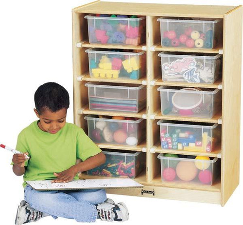 Jonti-Craft 10 Tub Mobile Storage with or without Tubs, wooden storage unit with multiple clear plastic tubs filled with toys and educational materials