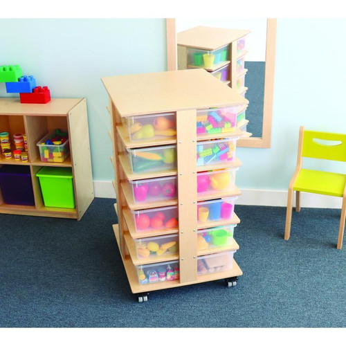 Whitney Brothers Storage Tower with 24 Trays, Wooden storage unit filled with colorful toys in transparent trays.