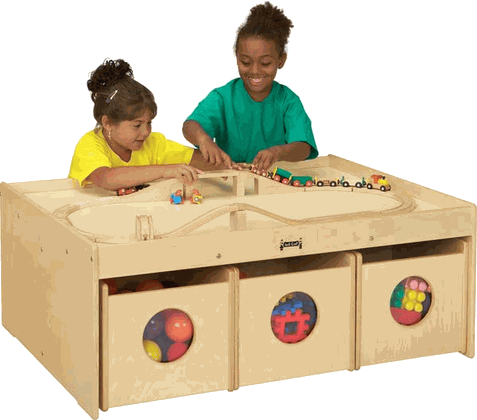 Jonti-Craft Children's Activity Table with Bins, children playing with toys on a wooden activity table with storage bins.