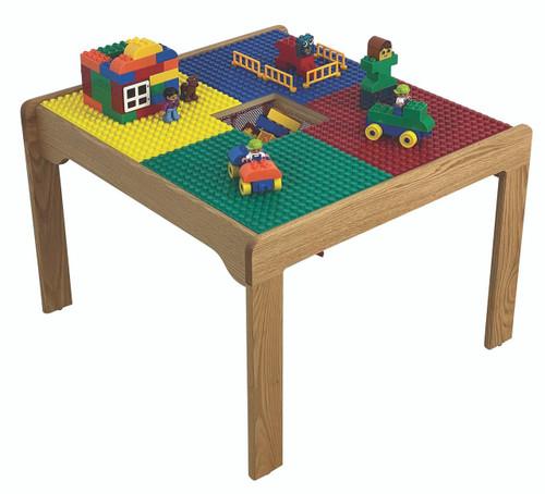 Synergy Management Fun Builder Wooden DUPLO® Table - 27 x 27 inches, colorful LEGO-compatible wooden table with various DUPLO® building blocks and toys for imaginative play.