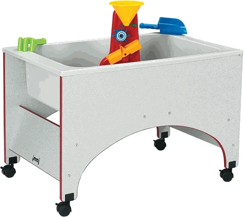 Jonti-Craft Rainbow Accents Space Saver Sensory Table, white sensory table with colorful water spouts and wheels for mobility.