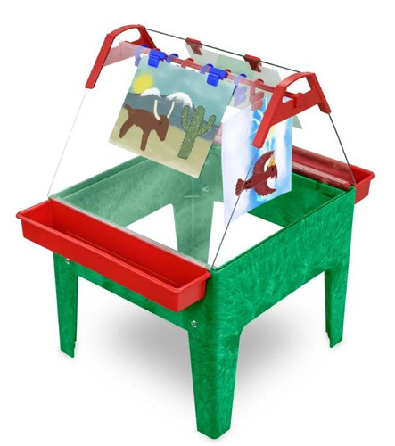 Childbrite Toddler Basic Art Easel - Multiple Colors, vibrant green and red children’s art easel with a chalkboard and a transparent acrylic panel for artwork display, featuring hanging artwork.