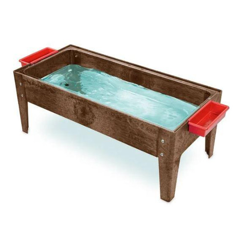 Childbrite Toddler Sand and Water Activity Center (Clear Liner), sturdy wooden toddler water and sand activity table with a clear liner filled with water, featuring red storage bins on either side for sandy or watery play.
