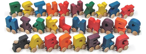 Maple Landmark Colorful Wooden Alphabet Train, vibrant multicolored wooden train with alphabet letter cars and wooden wheels.