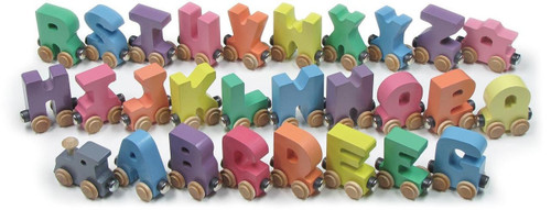 Maple Landmark Pastel Wooden Alphabet Train, colorful wooden train with pastel-colored letters and train cars.