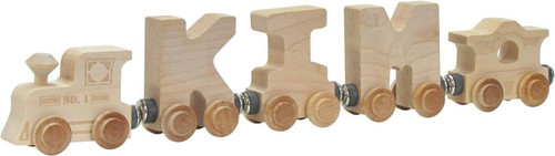 Maple Landmark Wooden Name Train in Natural Colors, a toy wooden train with individual letter carriages spelling out a name, each with wheels and detailed craftsmanship.