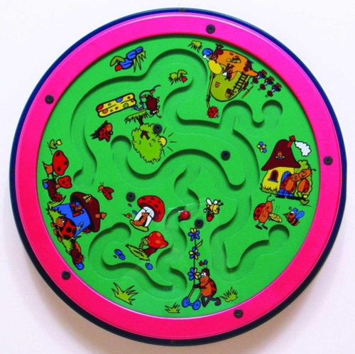 Lady Bug Lane Round Wall Toy, colorful maze game featuring cartoon ladybugs, a house, flowers, and playful insects on a green background with pink border.