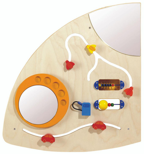 HABA Pro Sensory Learning Wall Activity Panel - Left Quarter Circle, sensory educational wooden wall panel with spinning cars, maze, mirror, and textured elements for children's play and learning.