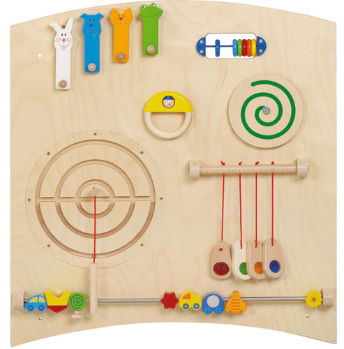 HABA Pro Sensory Learning Wall 'Curve A' Wall Panel Toy, wooden sensory activity toy with colorful animal-shaped and geometric-shaped components, including spinning discs, mazes, pull toys, and sliding elements for children's tactile and fine motor skill development.
