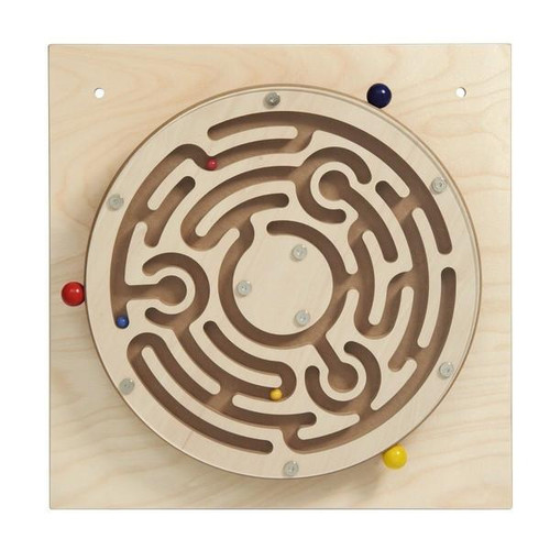 HABA Pro Mini Labyrinth Wall Panel Toy, circular wooden maze with colorful balls and guiding pegs.
